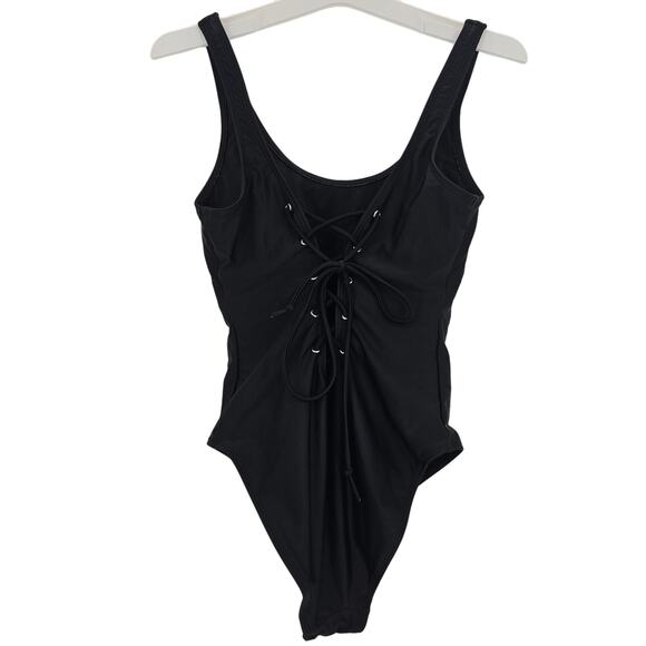 California Sunshine Woman size M Black Lace Up Back Pineapple One Piece Swimsuit - Picture 4 of 7